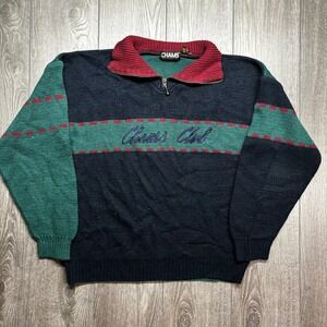 Vintage Chams Club Quarter Zip Sweater Mens L Colorblock Navy Green Burgundy